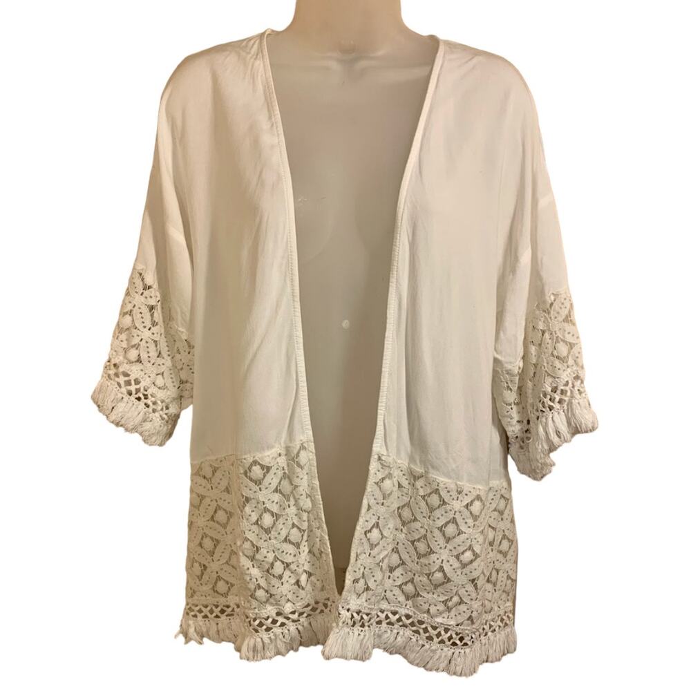 VTG Big Hole Crocheted Open Front Top Med Festival Boho Oversized Fringe Beachy